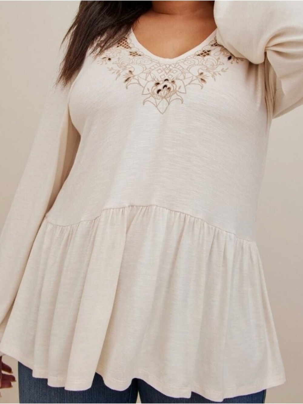 Torrid 2  Embroidered V-Neck Peplum Long-Sleeve Top - Cream